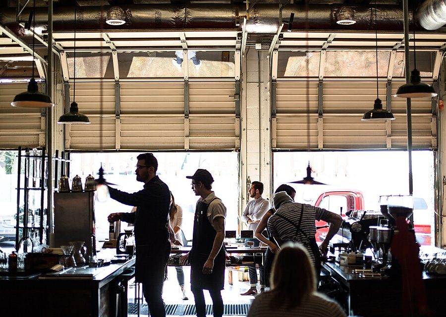 Baristas at work in a roastery